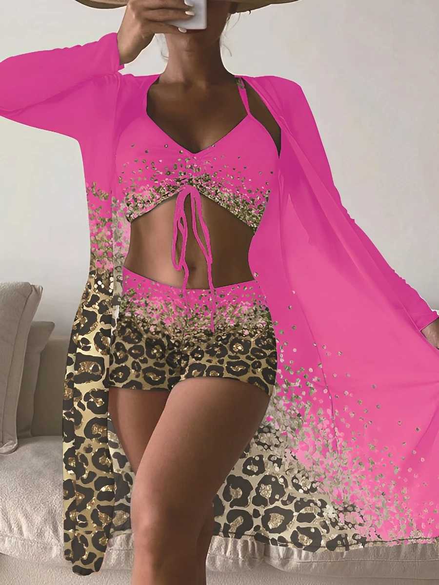 3 Pieces High Waist Bikini 2024 Printed Swimsuit Women Kimono Swimwear Female Sexy Bather Bathing Swimming Swim Suit BeachwearW250214