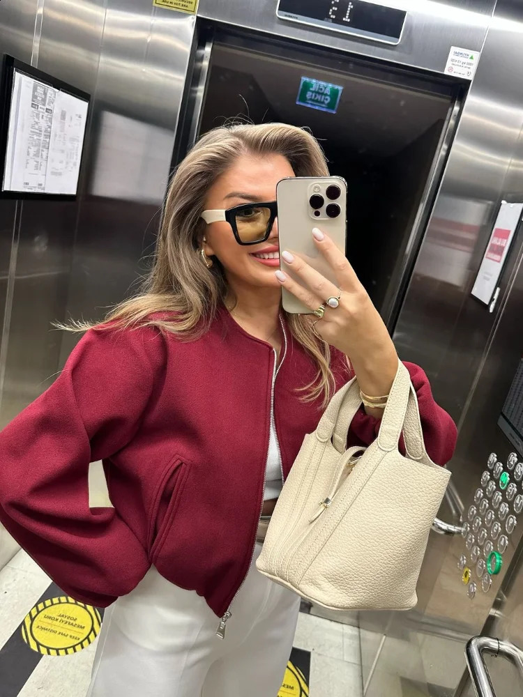 Casual Burgundy Red Mini Jacket Women Loose Solid O Neck Full Sleeve Zipper Pocket Female Coat Autumn Thicken Lady Outwear 250213