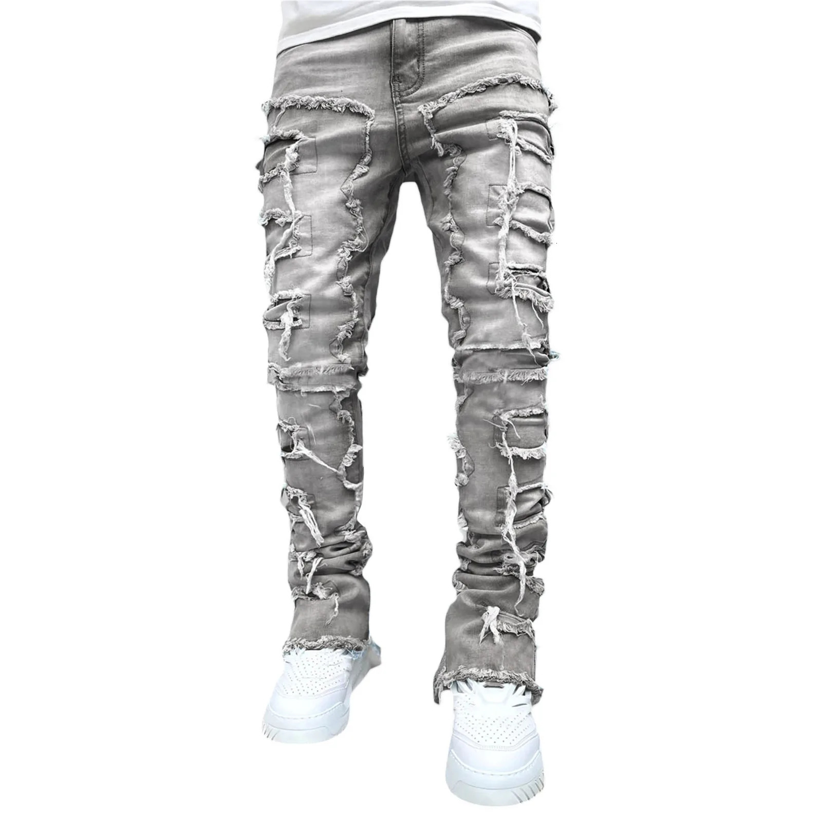 Fashion Stretch Patch Mens Jeans Y2K Patchwork Creative Tassels Decoration Straight Denim Trousers For Men Hip Hop Jean Pants 250214