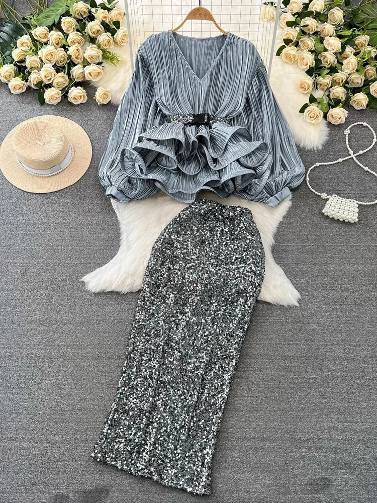 Fashion 2 Piece Sets Women Lantern Sleeve V-neck Ruffles Tops High Waist Bodycon Sequined Skirt Outfits Temperament Korean Suit 250210