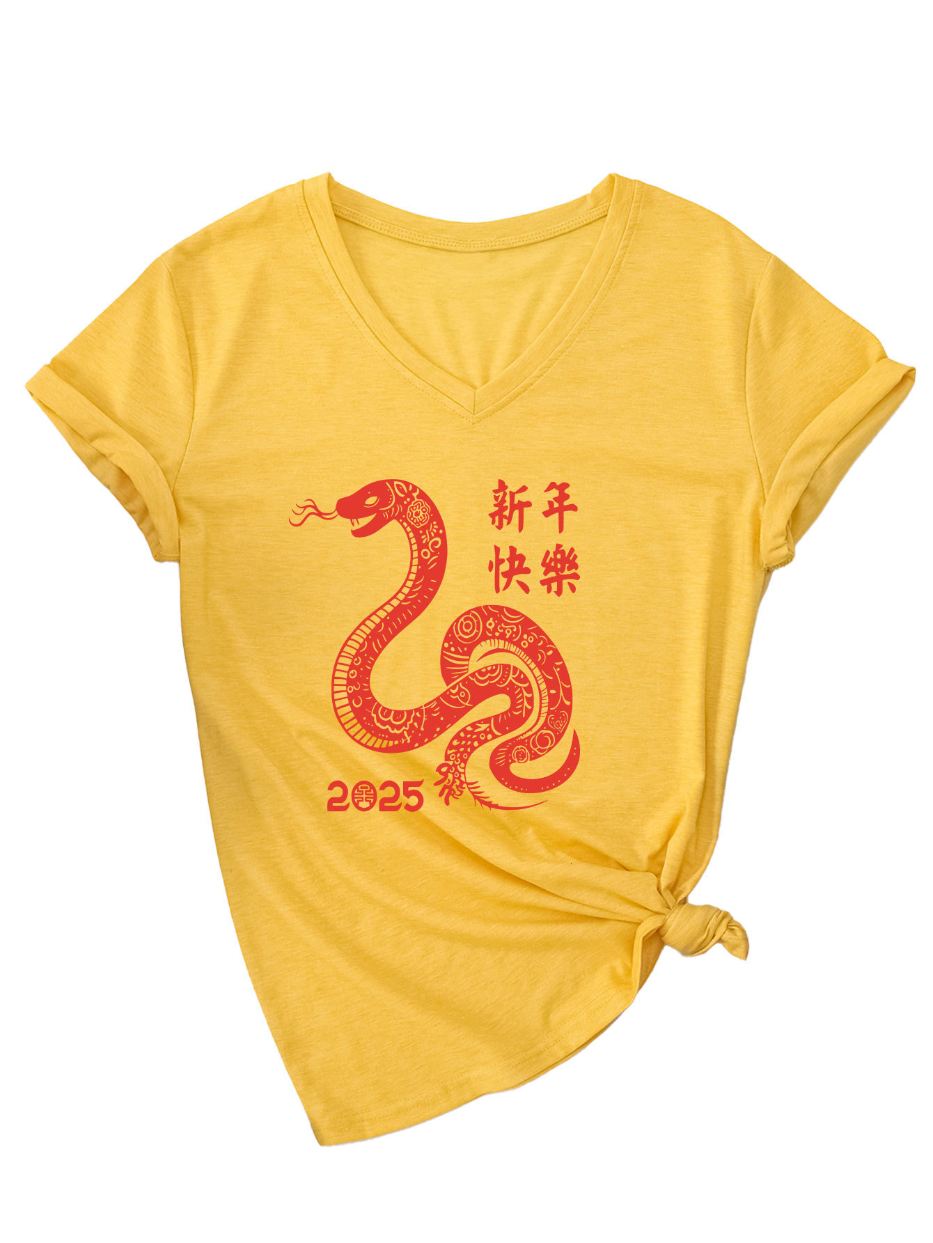 Designer Fashion Trendy Personalized Fun Versatile 2025 Happy New Year V-neck Short Sleeved Women's T-shirt