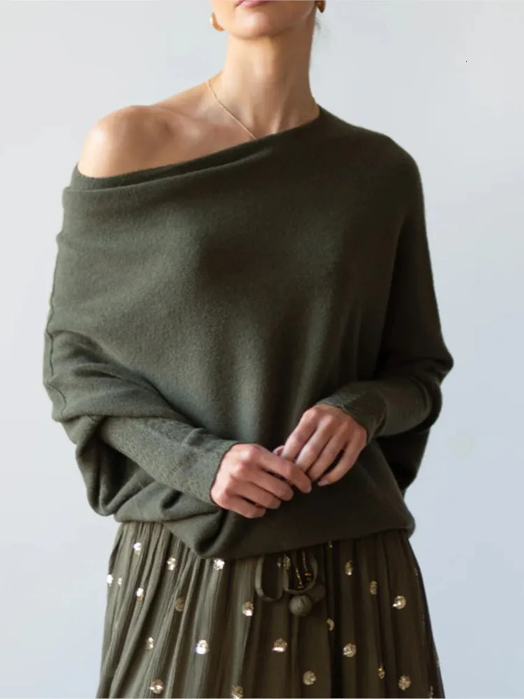 Womens Long Sleeve Neck Tunic Knitted Tops Autumn Winter Solid Loose Pullover Sweaters Off Shoulder Sweater Slash Neck Top 250210