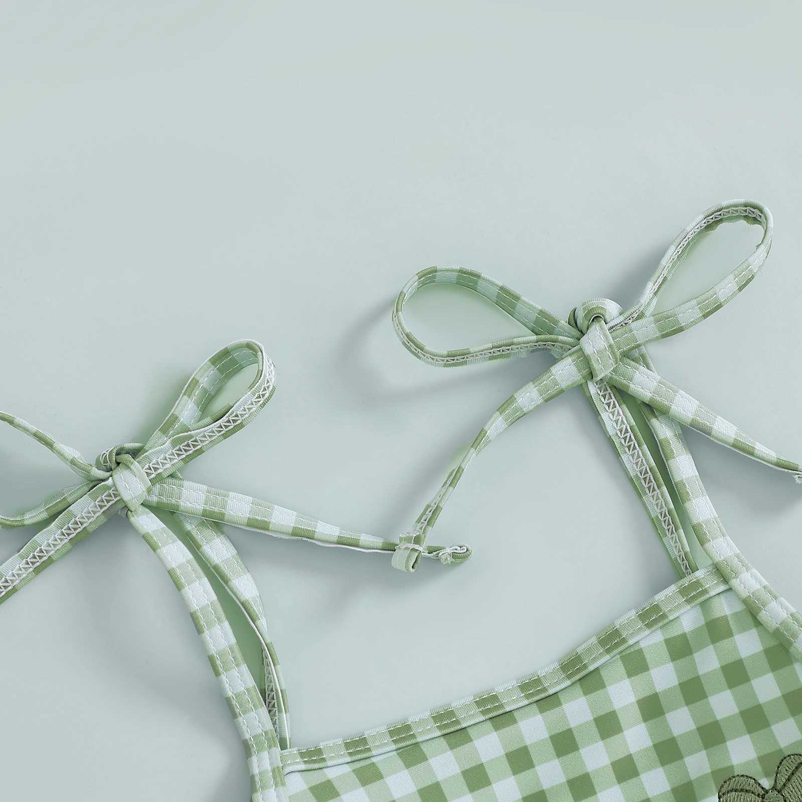 MISOWMNJOY Baby Strap Beachwear for Girls Swimsuit Cute Spaghetti Straps Tie-up Embroidery Bow Plaid Kids Swimming Bathing SuitXJ250214