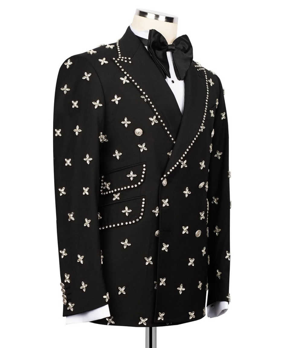 Gorgeous Wedding Tuxedos Rhinestone Double Breasted Men Suit Peaked Lapel 2 Piece Set Jacket Pants Formal Blazers Customized