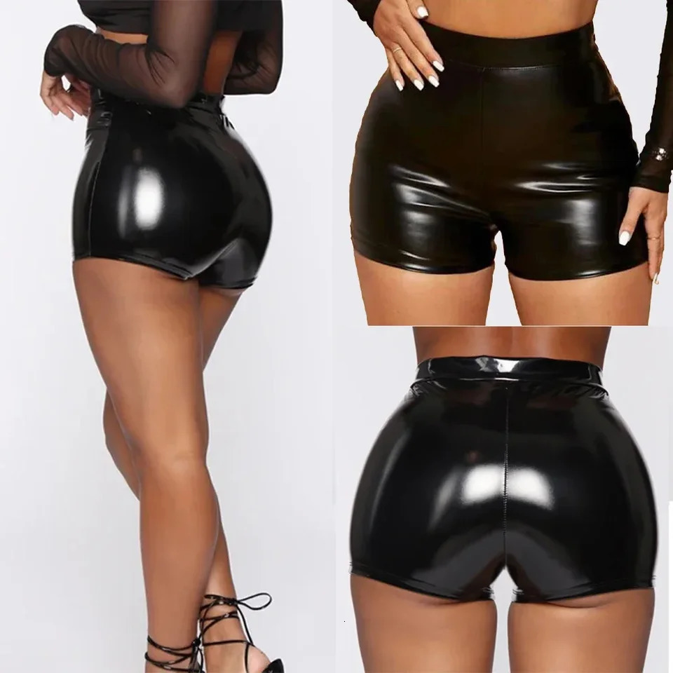 Sexy Women Shiny Faux Leather Shorts Tight Black Pants Seductive Nightclub Party Wear High Waist Mini Costumes 250213