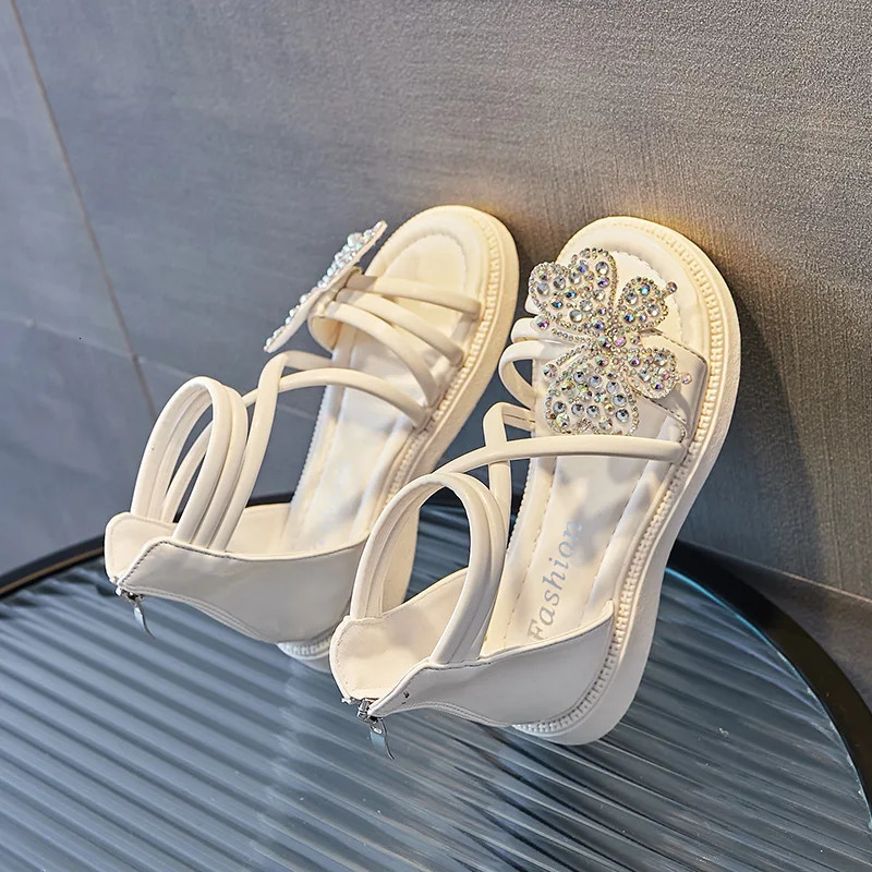 Girls Sandals Summer Rhinestone Butterfly Princess Shoes Kids Roman Sandals Casual Beach Shoes Fashion Children Flat Sandals 250214
