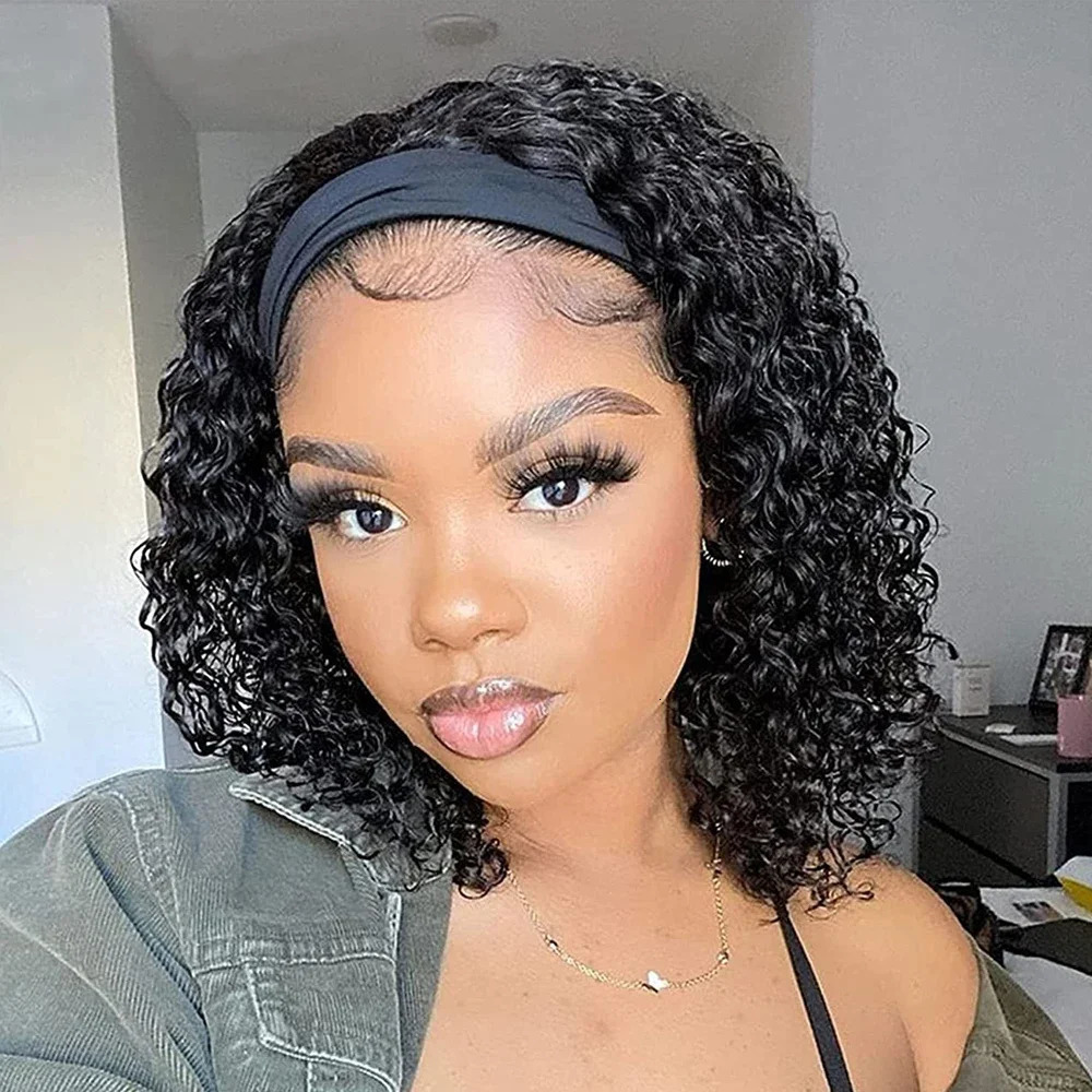 Brazilian Kinky Curly Headband Wigs Wear And Go Glueless Human Hair Wig Full Machine Made Short Bob Curly Wigs For Women 180% 250214