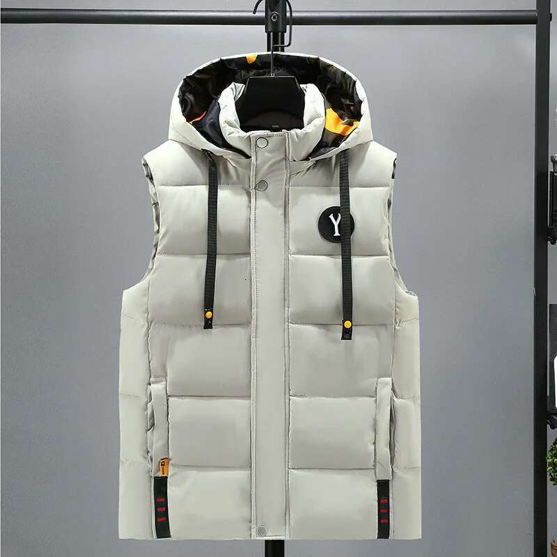 #3639 Autumn Winter Vests For Men Black Beige Gray Down Cotton Hooded Vest Zipper Straight Sleeveless Jackets Hat Detachable 5XL