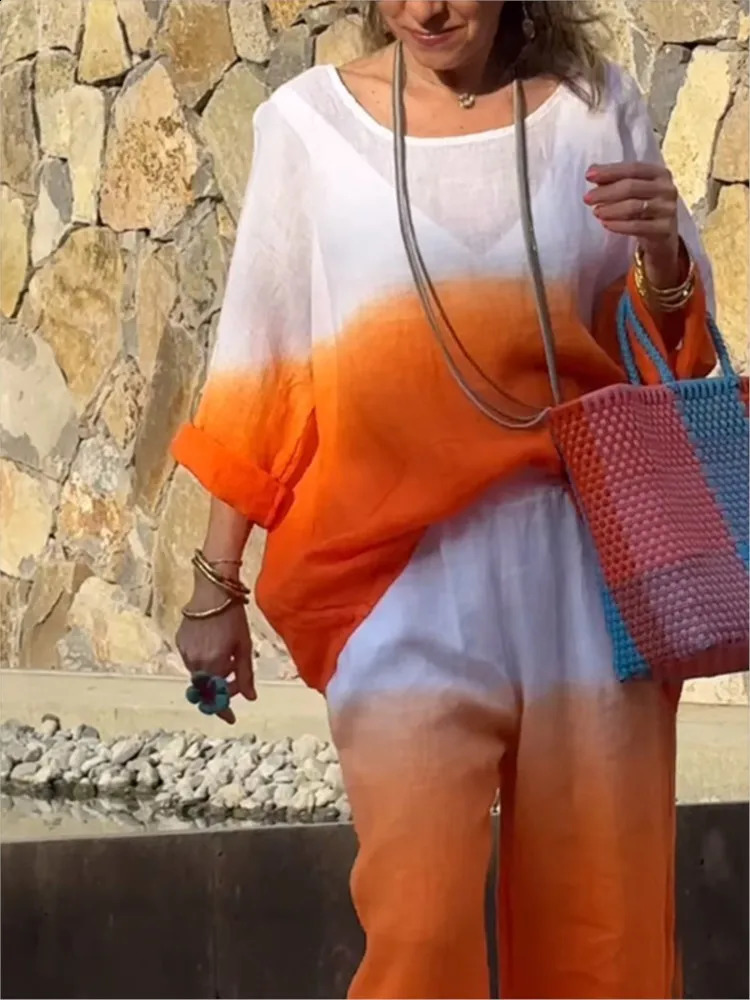 Cotton and Linen Two-Piece Set for Women Gradient Print Loose Casual Suits Long Sleeve Blouses and Pants Female Outfits Spr 250210