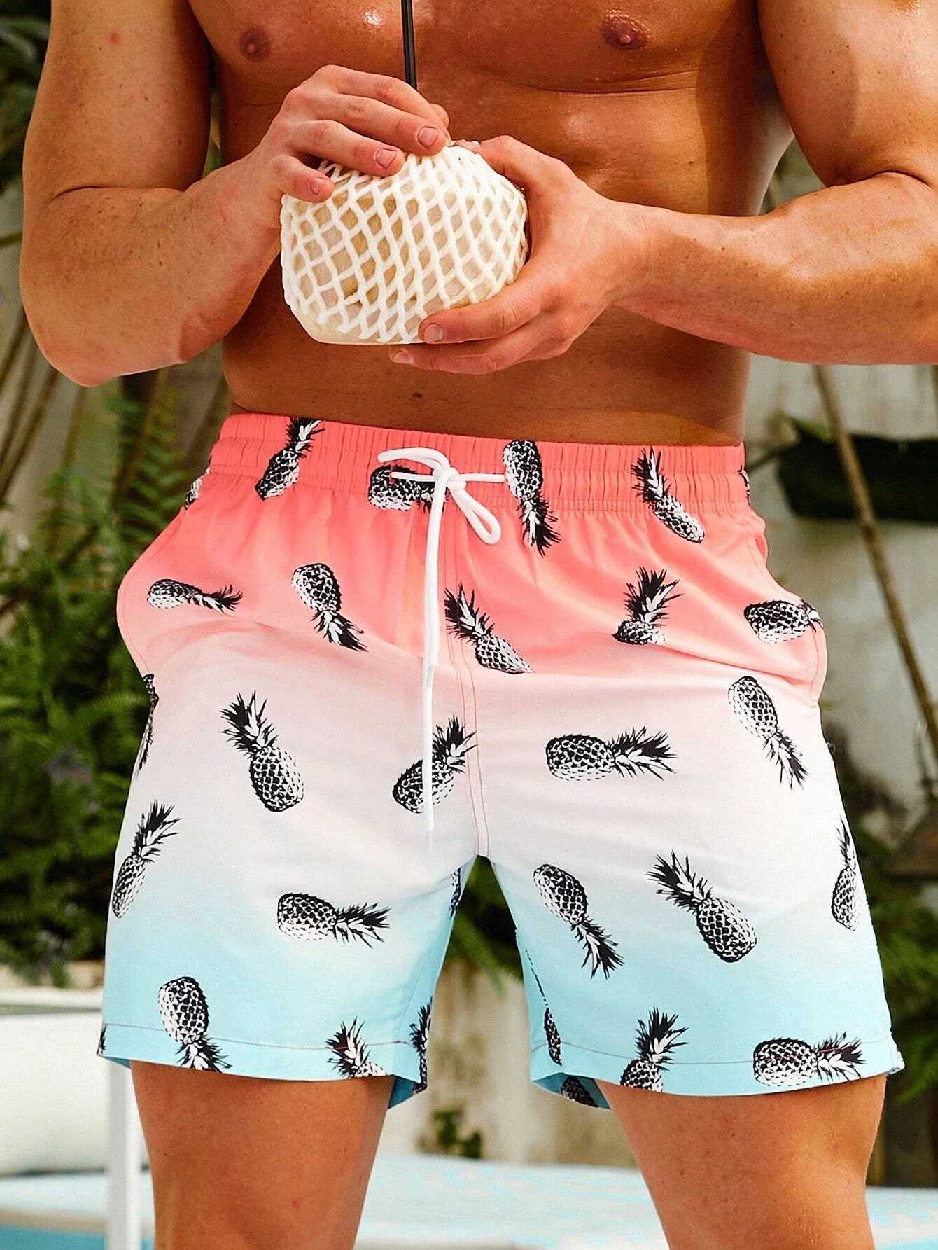 Mens Beach Shorts Summer Fashion Hawaii patterns Drawstring Mens swim Trunks Elastic Waist 3D Print Gradient Breathable Shorts W250215