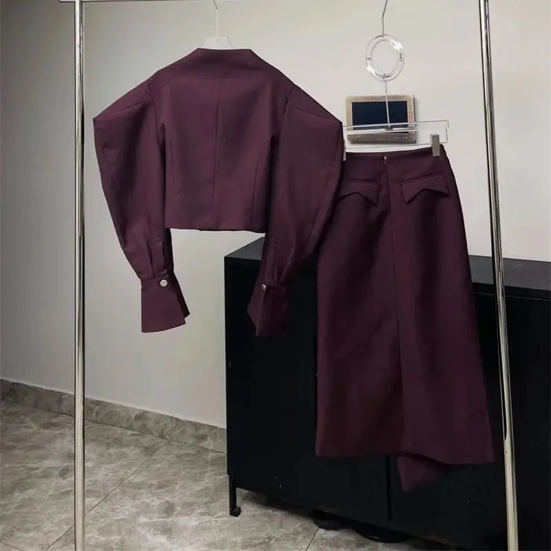 Autumn Fashion er Womens Skirt Suit Elegant Office Lady Solid Color Short Jacket Fold Long Skirt Two-Piece Set J309 250210
