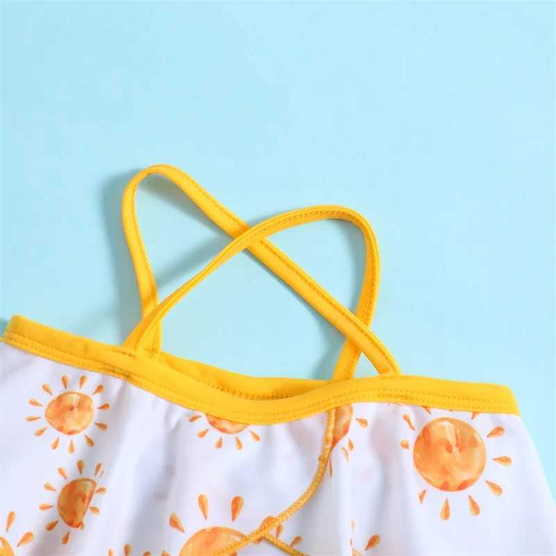 0-3T Baby Girls 2pcs Yellow Swimsuit Set Swimwear Summer Sun Print Camisole and Elastic Drstring Beach Shorts SwimwearXJ250214