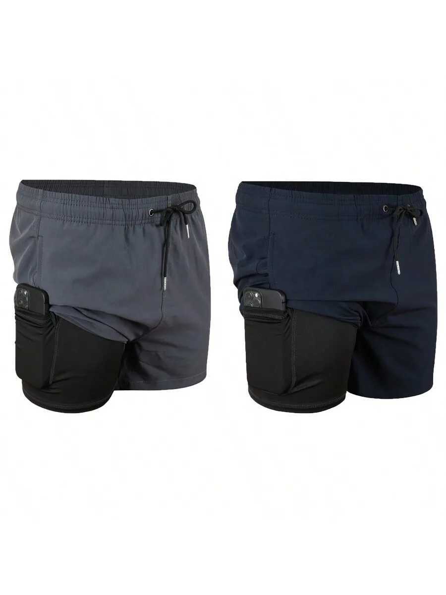 2pcs Mens Swimming Trunks With Compression Liner Stretch Mens Swimwear 2 In Quick Dry Running Gym Swim Shorts For Men W250215