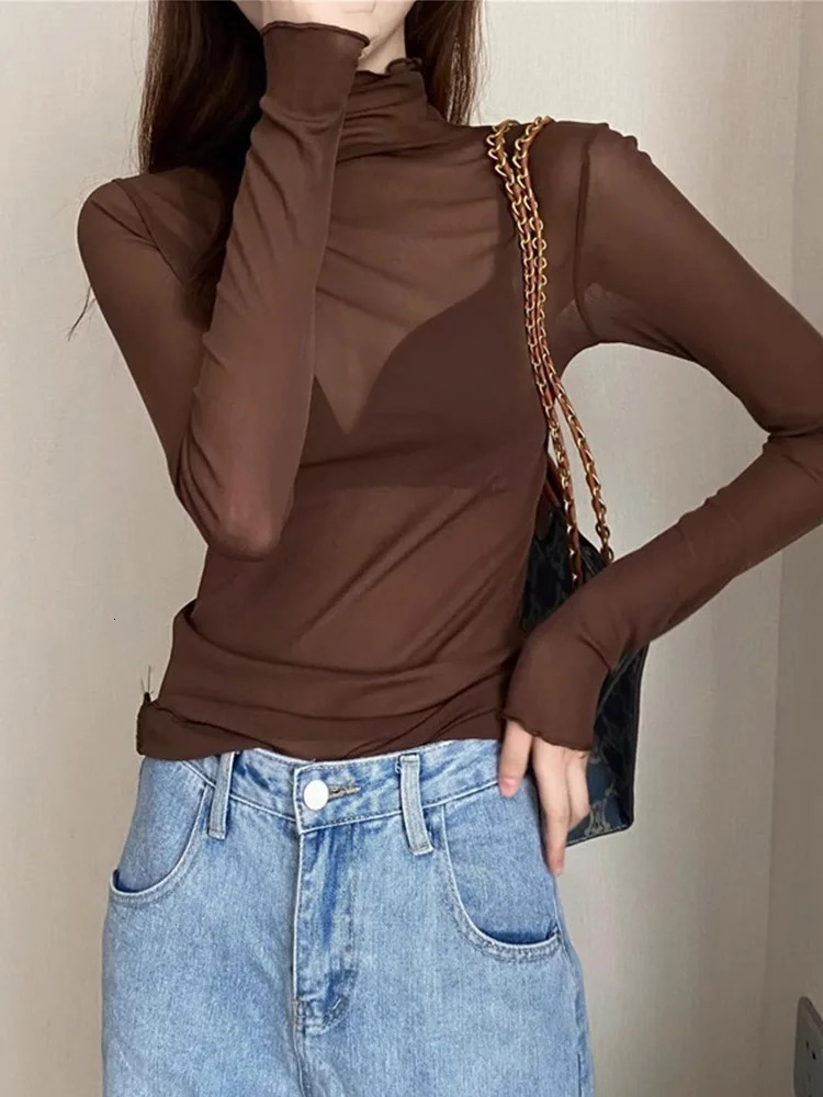 Spring Summer Womens Long Sleeve Sexy Black Mesh Top Punk Shirt Tees Beach Tops Ladies Bottom 250211