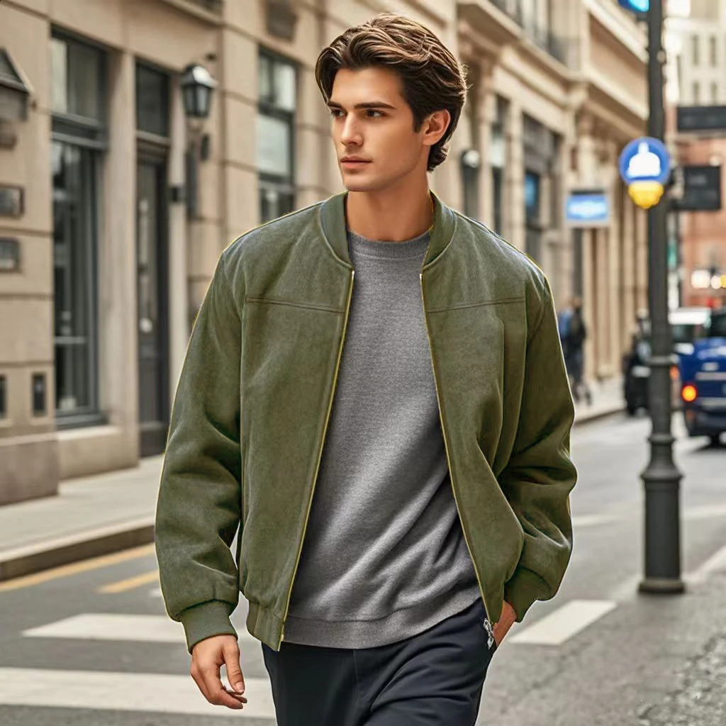 Autumn Suede Solid Color Mens Zip Jacket Vintage Cardigan 250210