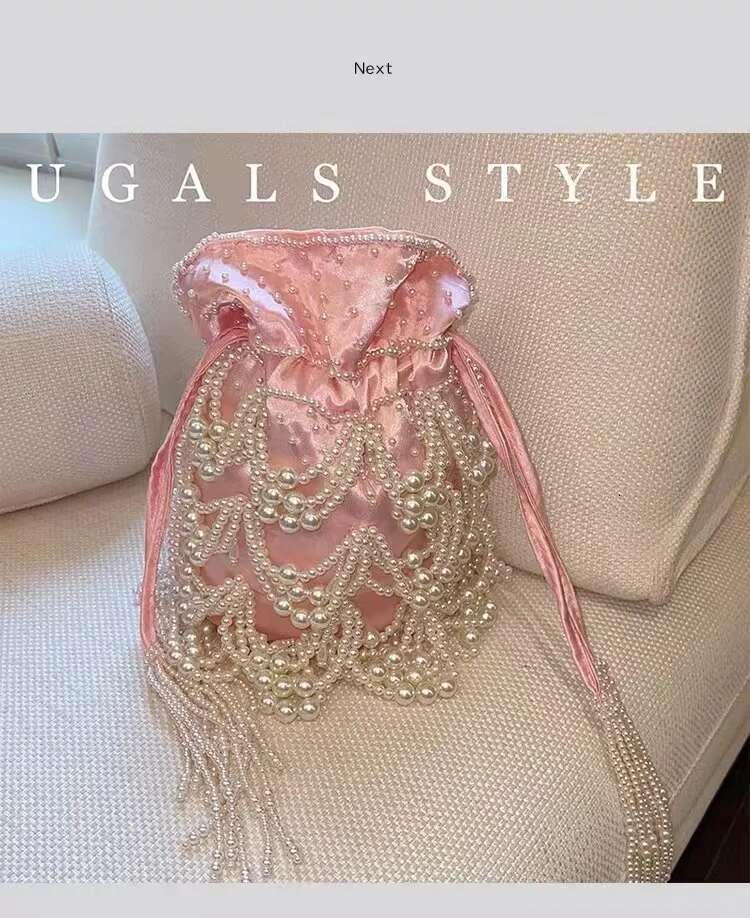 Women's Handbag Satin String Bucket Pearl Beading Tassel Handmade Evening Wedding Party Clutch Purse Shoulder Bag