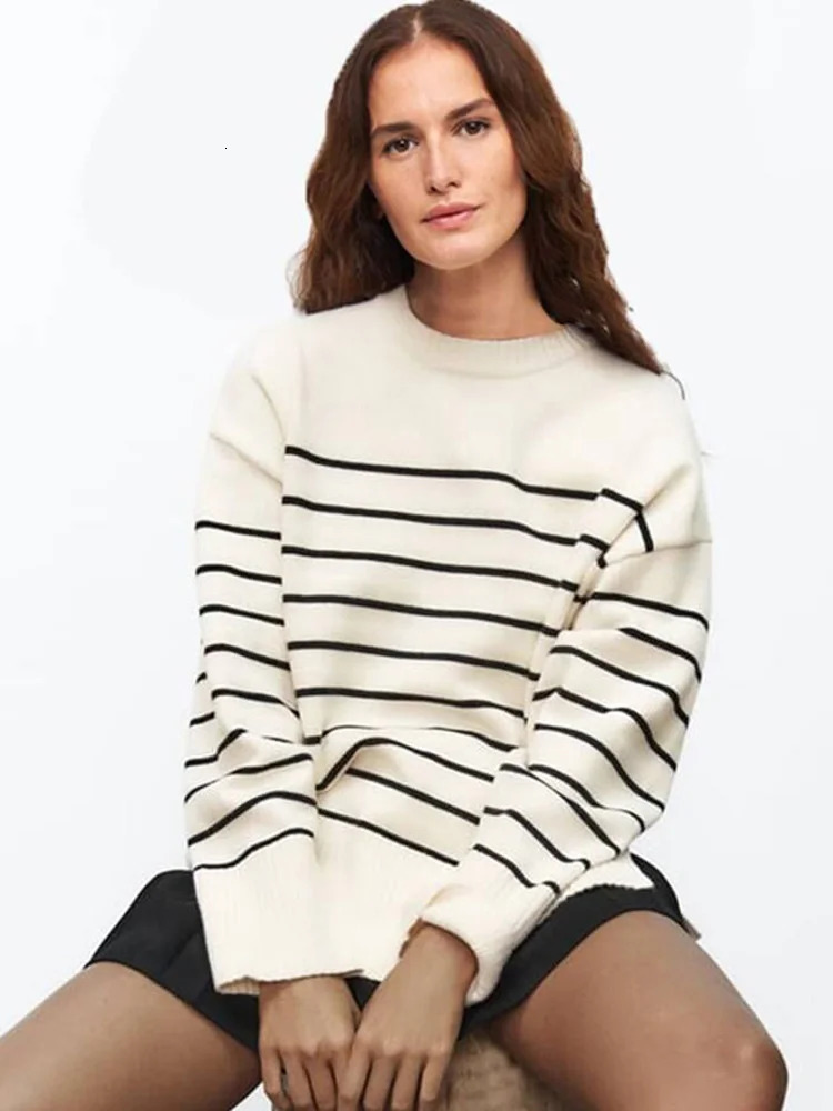 Beige Stripe Baggy Sweater Women Pullover Streetwear Long Sleeve Knitted Tops Female Jumper Autumn Winter Loose Sweaters 250211