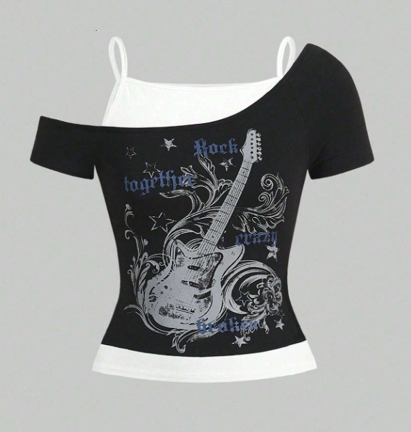 Designer Free Shipping 2025 Summer New Fashionable Pattern Women Short Sleeved Personalized Fake Two-piece Design T-shirt