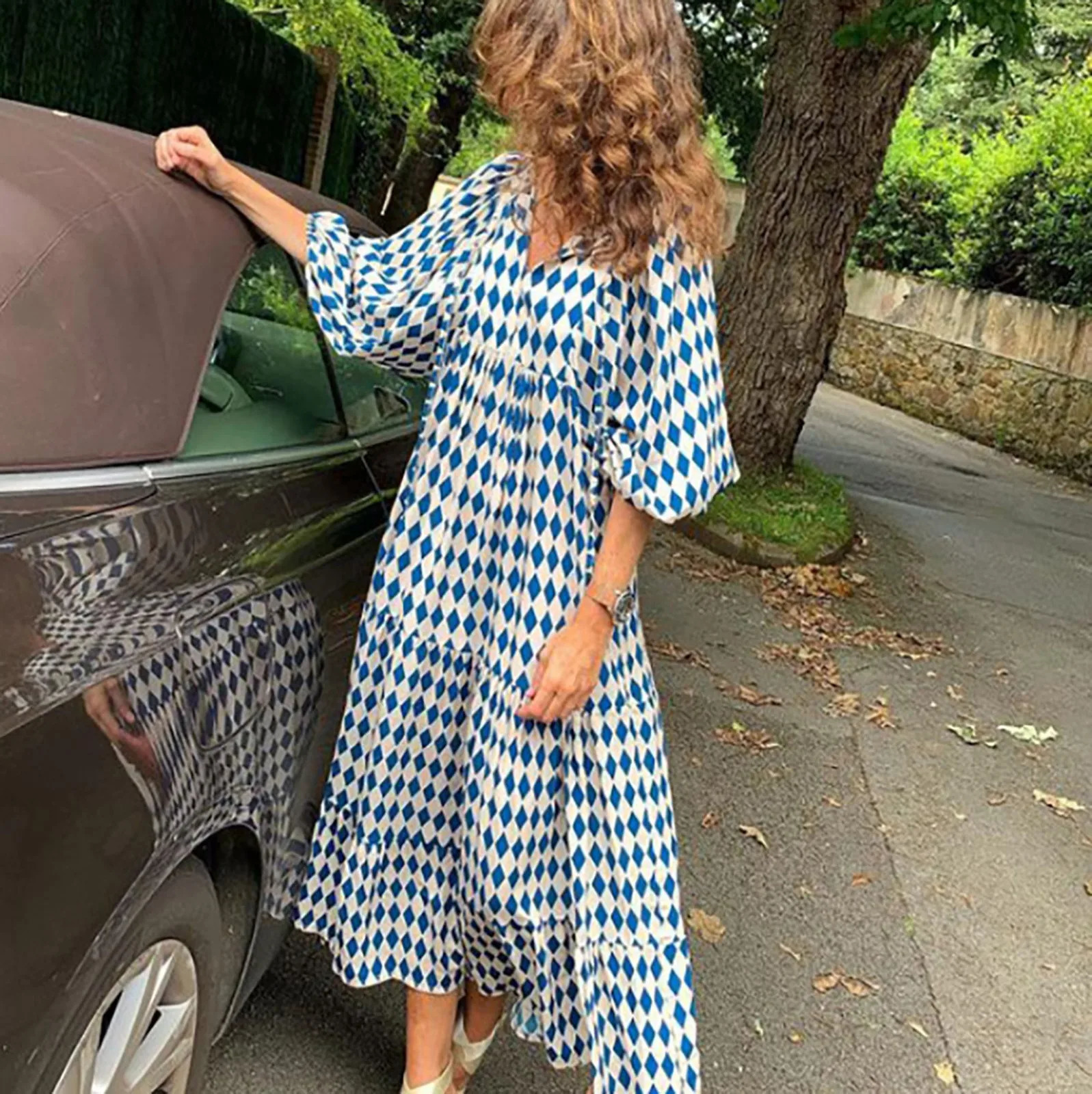 Bohemian printed bubble sleeves Sundress womens streetwear tie oversized long skirt summer dress long skirt 250213