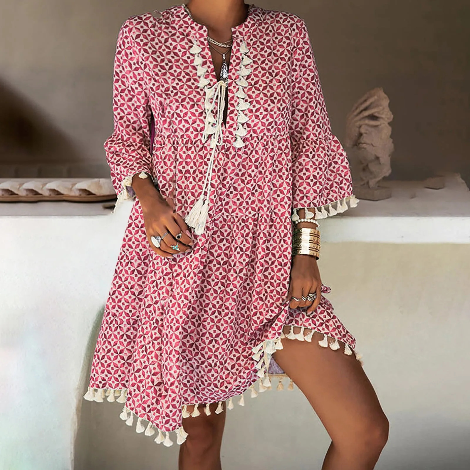 Ladies Holiday Lace Trim V Neck Short Sleeve Loose Beach Dress with Pockets Fashion Women Summer Casual Bohemian Print Dress 250213