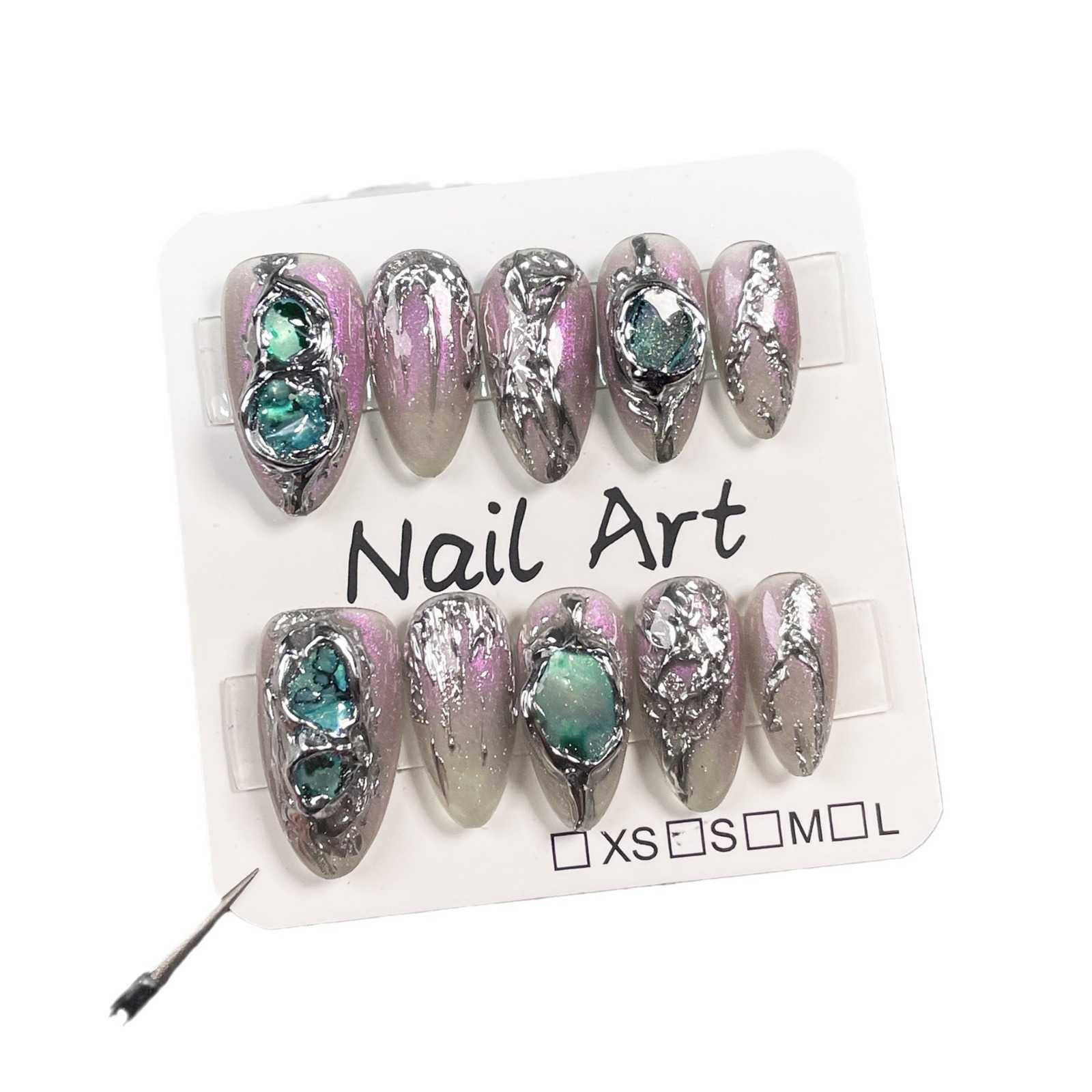 False Nails Handmade Wearing Armor Baroque Aurora Transparent Black Stereoscopic Metal Shaped Almond Armor Wearable Nail Stickers H25215