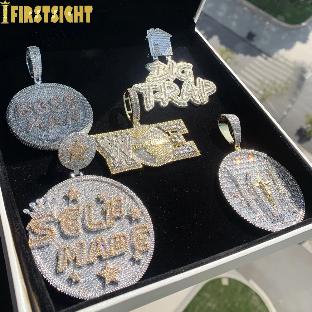 Letter Self Made Pendant Necklace Iced Out Bling 5A Zircon CZ Heavy Chunky Round Badge Charm Men Fashion Hip Hop Jewelry 250211