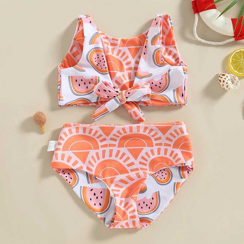Kid Girl Swimsuit Two Pieces Sets Sleeveless V Neck Watermelon Print Striped Swimwear Summer Swimming Beach Bathing SuitXJ250214