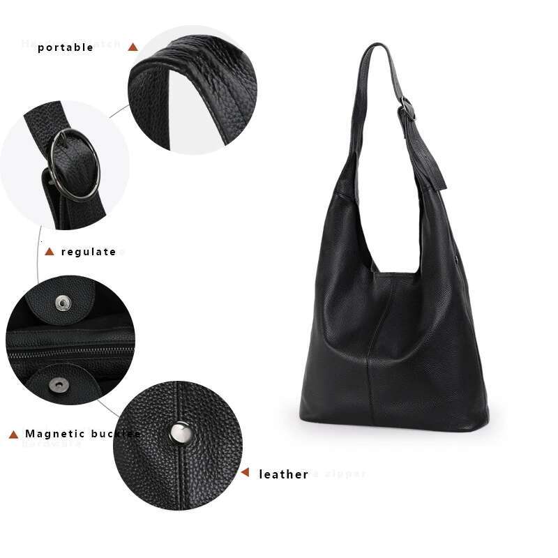 Women's large capacity shoulder with minimalist design, black high-quality cowhide soft bag