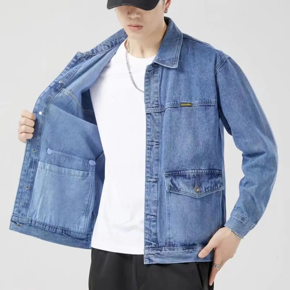 Hidden pocket denim jacket fashionable mens with lapel large buttons spring 250212