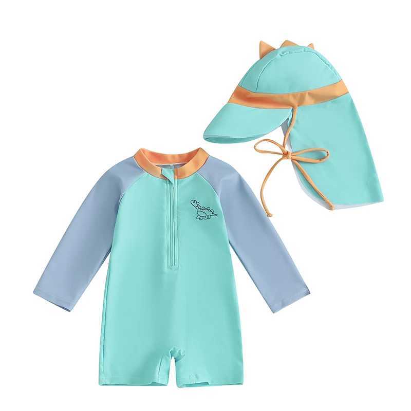 0-3T Newborn Toddler Boys Rash Guard Swimsuit Contrast Color Dinosaur Print Long Sleeve Mock Neck Zip Bathing Suit with HatXJ250214