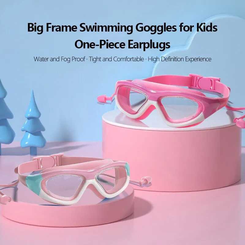 Childrens High-definition Waterproof And Anti Fog Swimming Large Frame Glasses Convenient Goggles Silicone Connected Earplugs Z250215-1