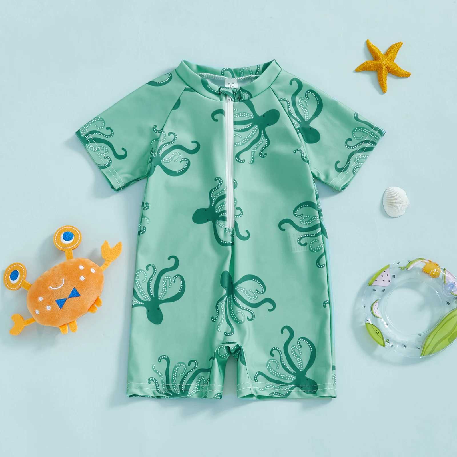 MISOWMNJOY Summer Children Boys Rash Guard Swimsuit Cute Octopus Print Zip Up Short Sleeve Baby Boys Swimwear Bathing SuitXJ250214