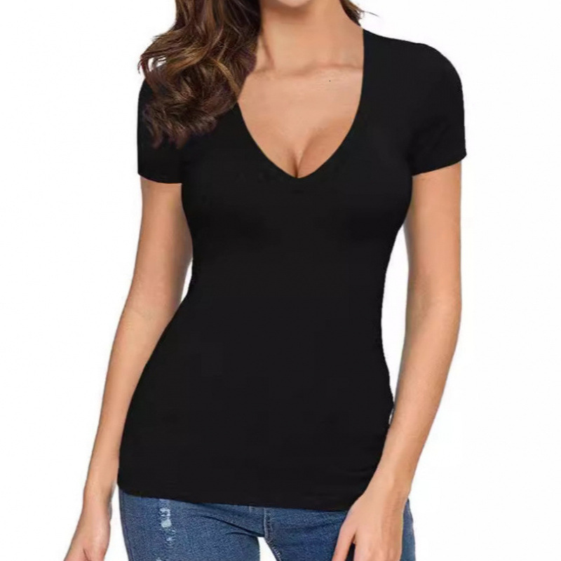Designer Free Shipping Fashion Casual Versatile 2025 Spring/summer V-neck Sexy Solid Color Basic Slim Fit T-shirt