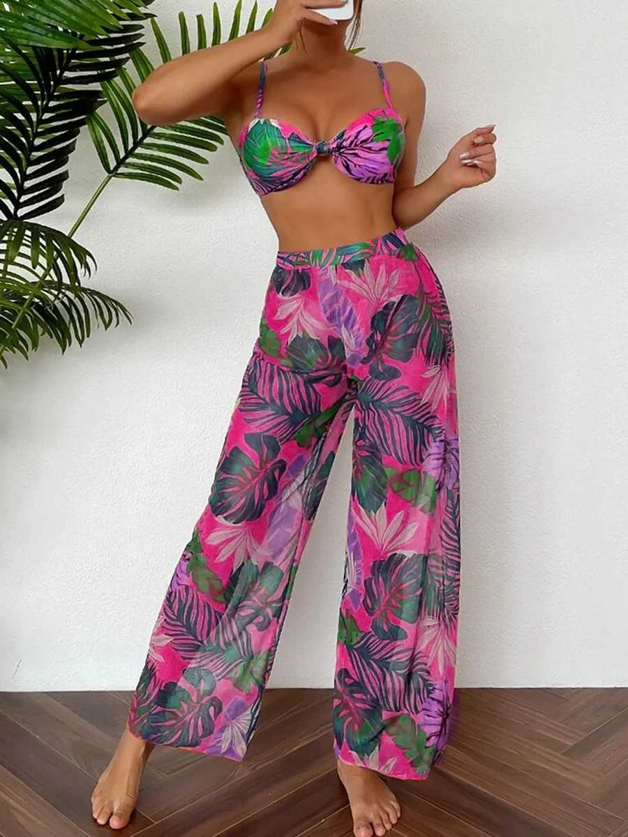 2024 Print Three Piece Bikini With Long Pants Swimsuit Women Swimwear Female Bather Bathing Swimming Swim Suit BeachwearW250214