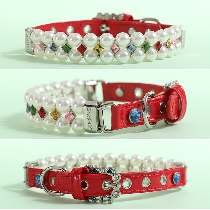 Fashion Pearl Dog Collar with Colorful Zircon Decoration,Collar Leash Set for Cat Dog, Cat Princess Neck Decoration, Adjustable Pet Collar for Small M