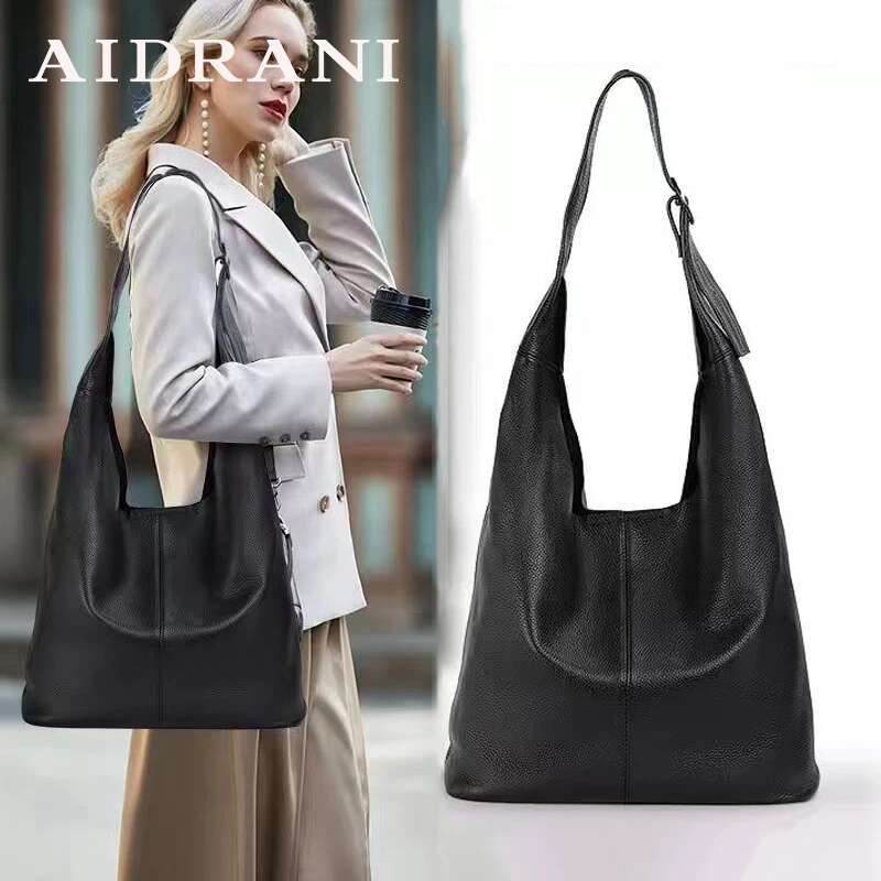 Women's large capacity shoulder with minimalist design, black high-quality cowhide soft bag