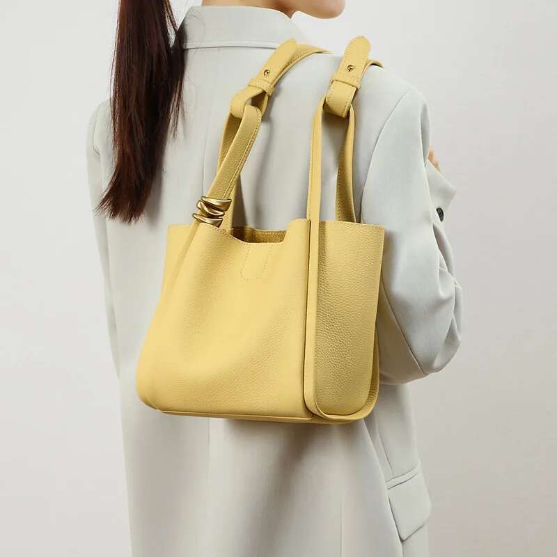 Spring Summer Yellow Bucket Tote Brand Designer Fashion Cowhide Leather Women Handbag Urious Ladies Shoulder Bag