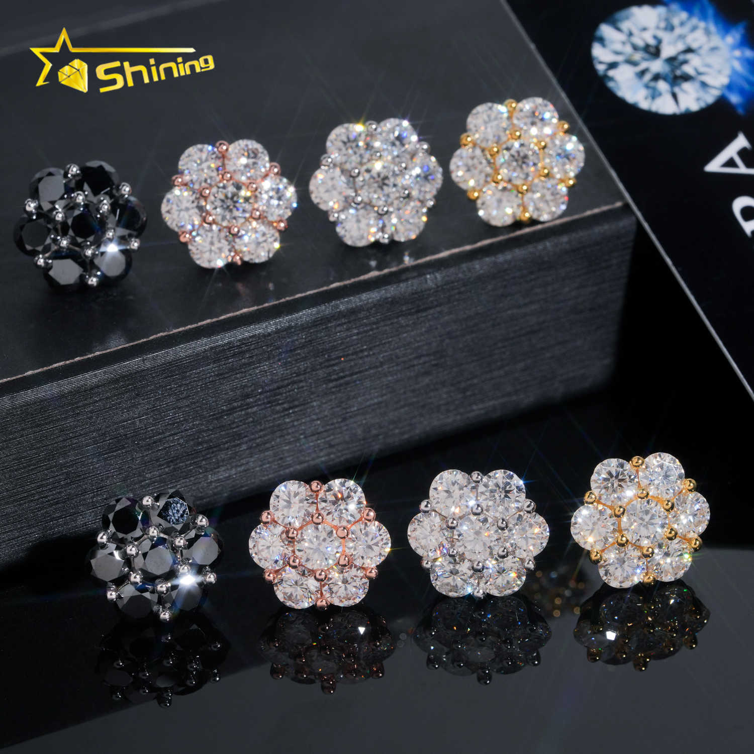 Hot Sale Design Gold Plated Flower Set Lab Diamond Moissanite S925 Sterling Silver Iced Out Jewelry Stud Earrings Men Women