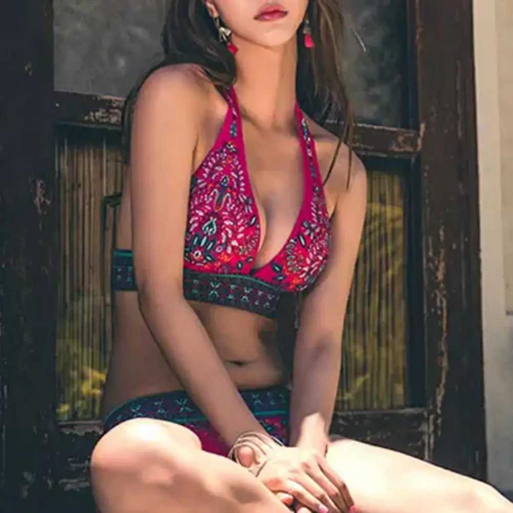 2Pcs/Set Halter Swimsuit Padded Sleeveless Ethnic Print Bikini Set for SwimmingW250214