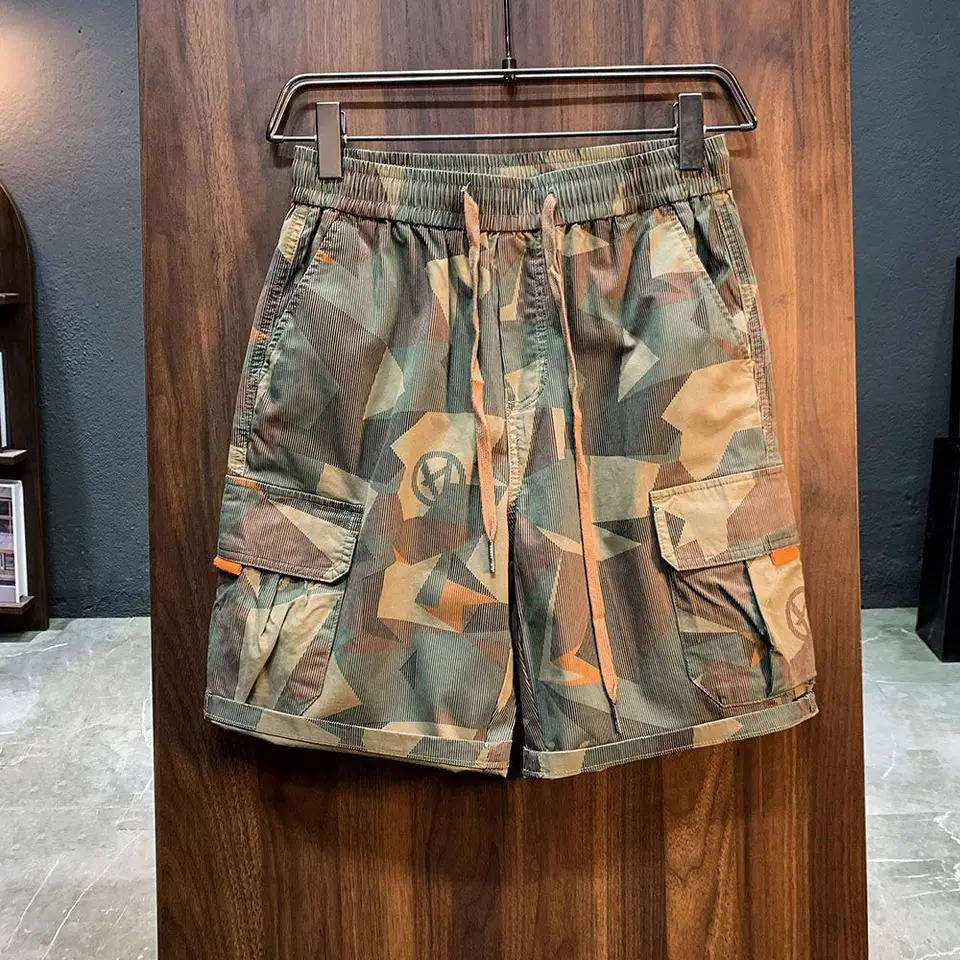 Mens Cargo Shorts Camo Camouflage Short Pants for Men with Draw String Green Elastic Waist Summer Y2k Streetwear 250214