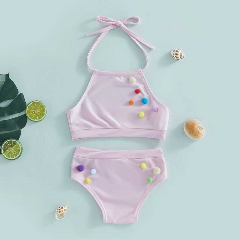 Yiiciovy Kids Baby Girls 2pcs Bikini Sets Swimsuits Summer Plush Ball Sleeveless Bandage Halter Tops + Beach Shorts Swimwear SetXJ250214