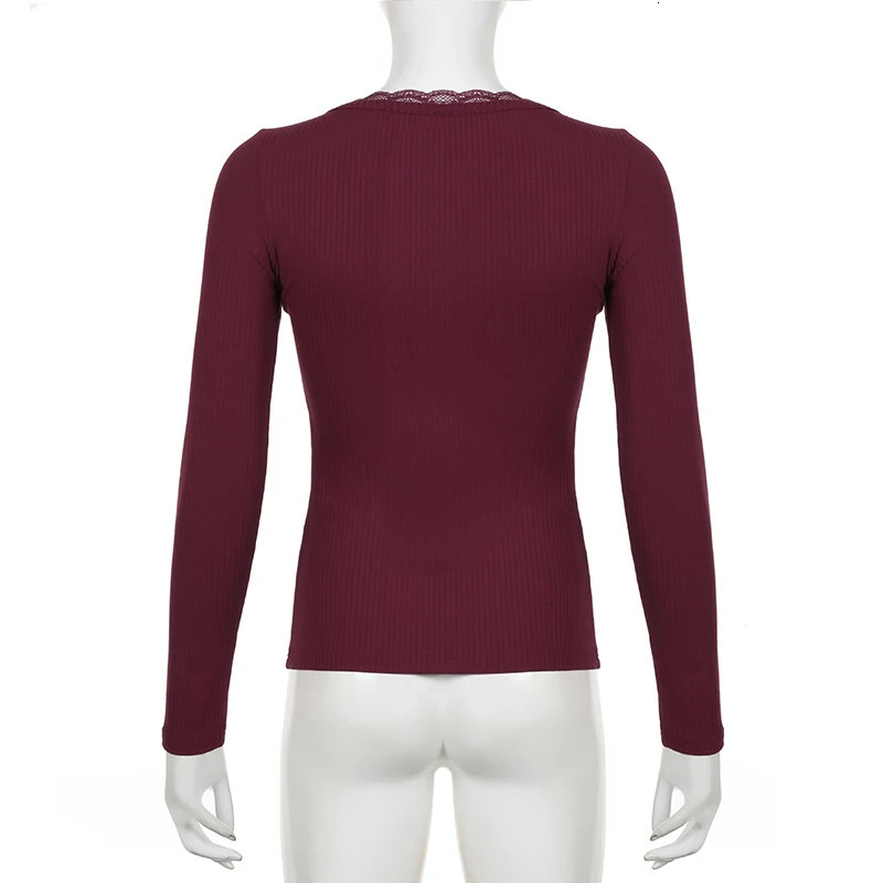 Darlingaga Y2K Lace Patched Slim Women Tshirts Buttons Basic Korean Fashion Sweats Pullover Top Harajuku Chic Tee Long Sleeve 250211