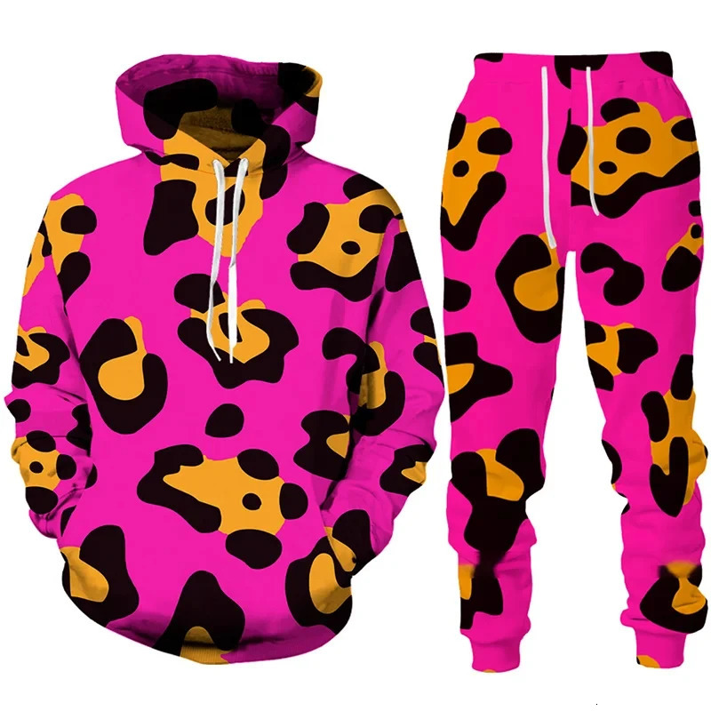 3D Leopard Print Mens Hoodie Pants 2Pcs Outfits Casual Men Women Hooded Sweatshirt Sets Autumn/Winter Oversized Tracksuit Suits 250214