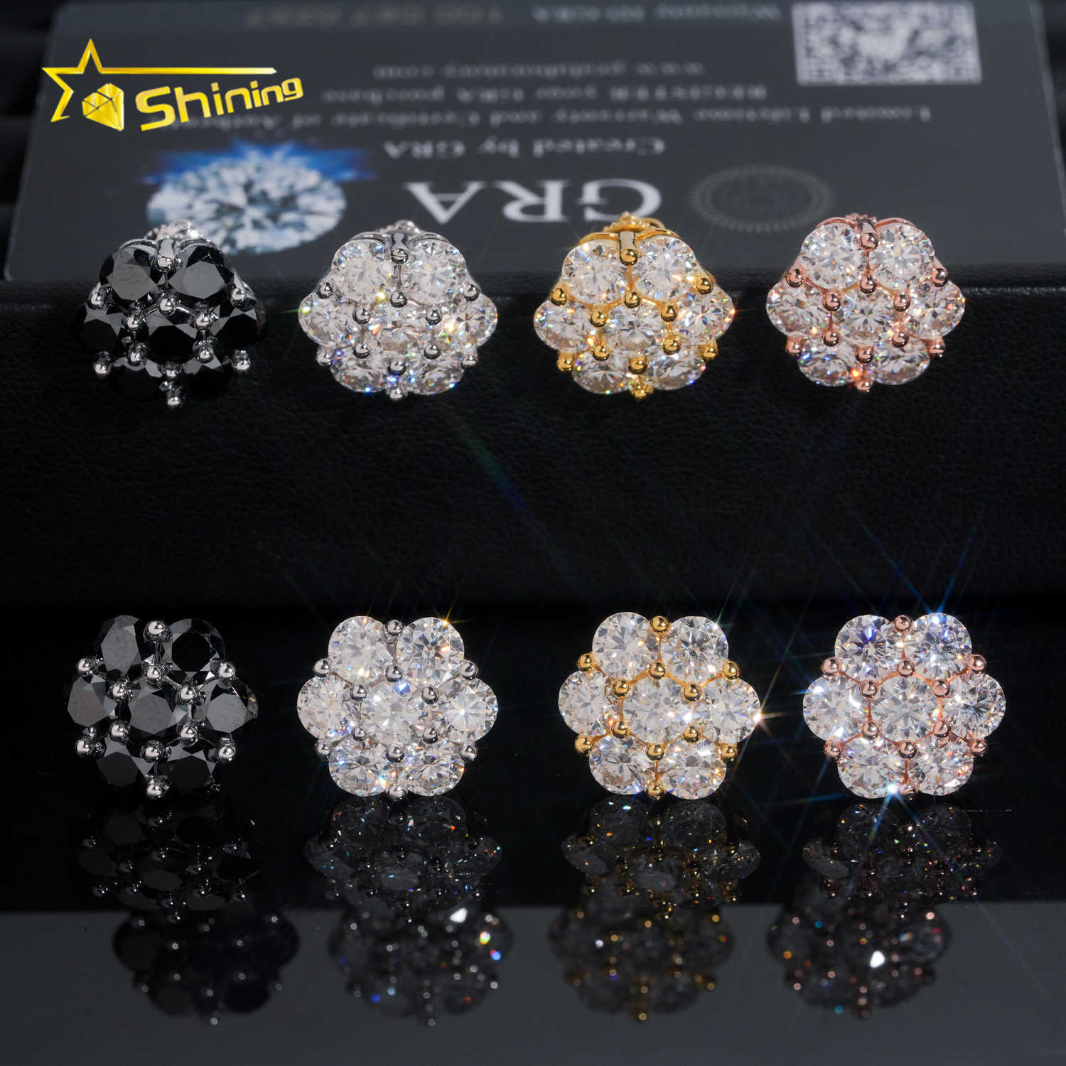 Hot Sale Design Gold Plated Flower Set Lab Diamond Moissanite S925 Sterling Silver Iced Out Jewelry Stud Earrings Men Women