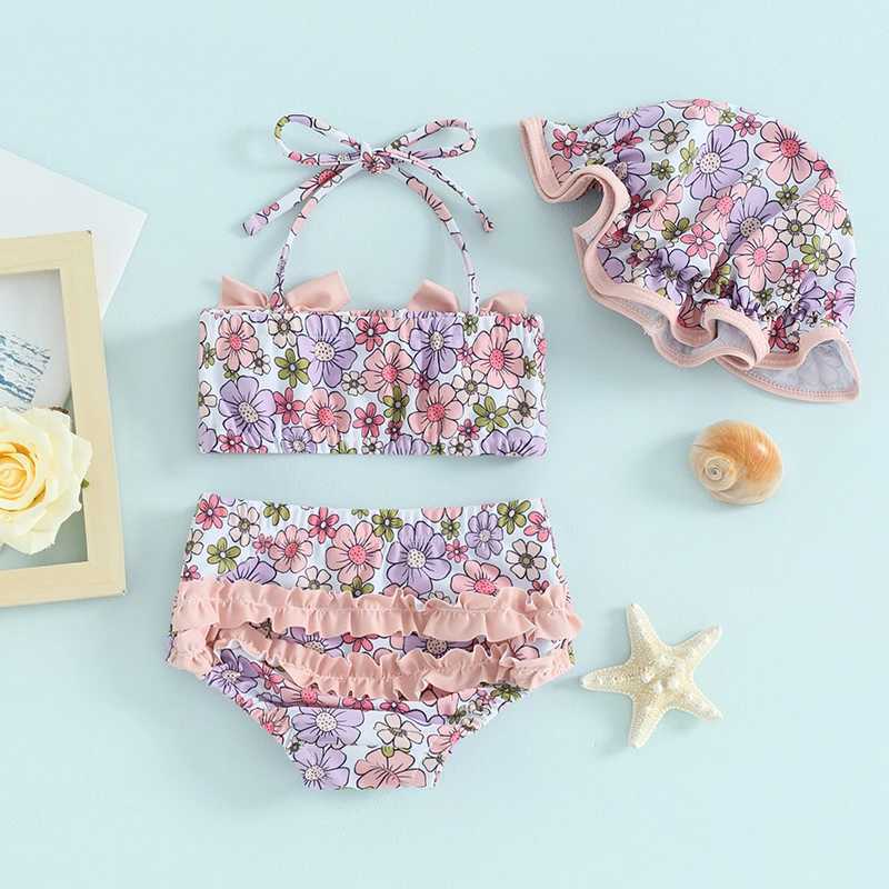 0-18M Baby Girls Summer Bikini 3 Pcs Set Floral Print Bow Halter Crop Tops with Shorts and Swimming Hat SwimsuitXJ250214