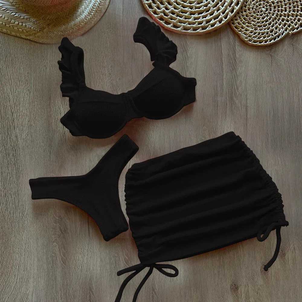 Solid Wavy Fabric Low Waist Bikini Set Cover Up Swimsuit For Women Push Up Ruffle Thr Pieces Swimwear 2025 Beach Bathing Suits X250214