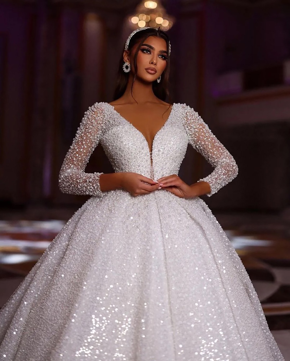 A-Line Wedding Dresses Long Sleeves Deep V Neck Sequins Ruffles Beads Pearls Plus Size Zipper 3D Lace Bridal Gowns