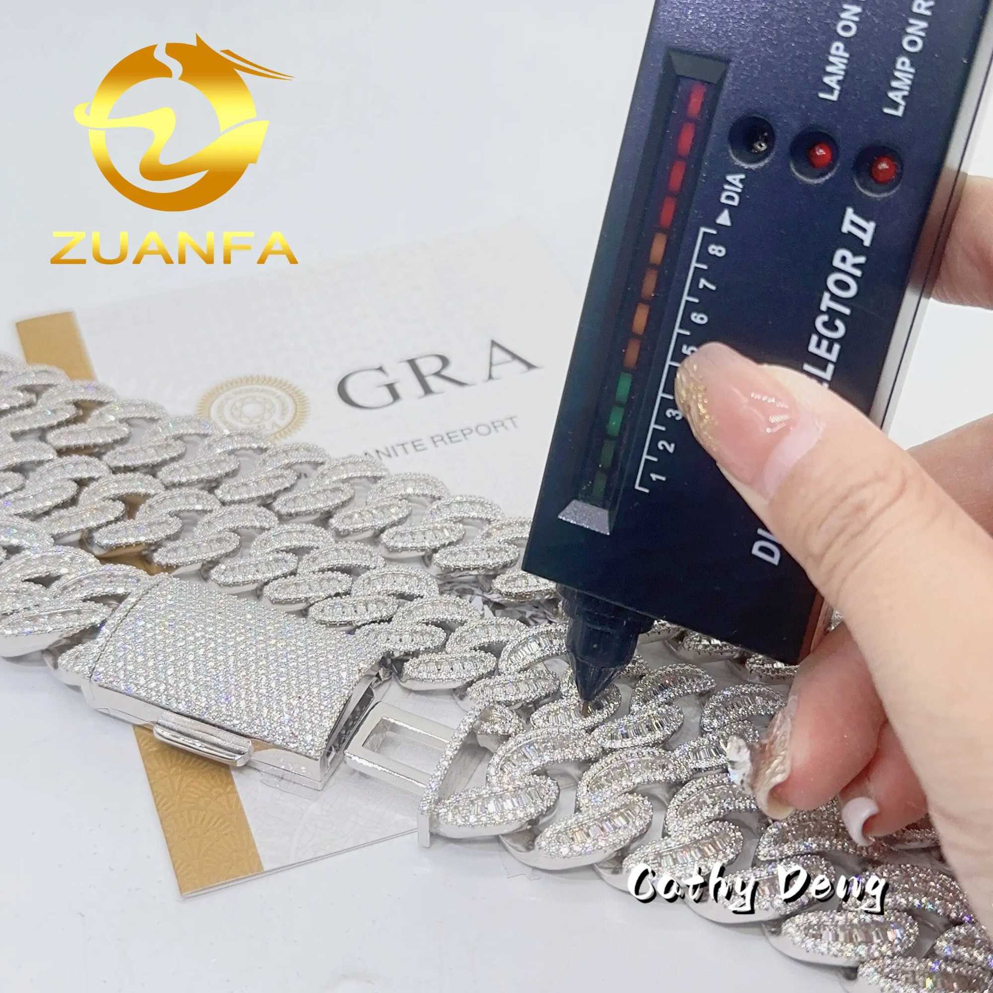 Zuanfa New Arrival 18mm 22mm Moon Shape Baguette Moissanite Cuban Link Chain Ice out Sterling Silver Miami Chain Necklace