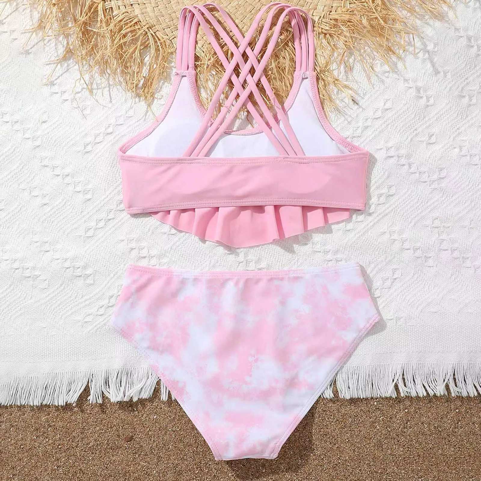 Kid Bikini Summer New Ruffles With Chest Pad No Steel Top + Tie Dye Swimming Trunks Fashion Girl Swimsuit Swim Suit GirlsXJ250214