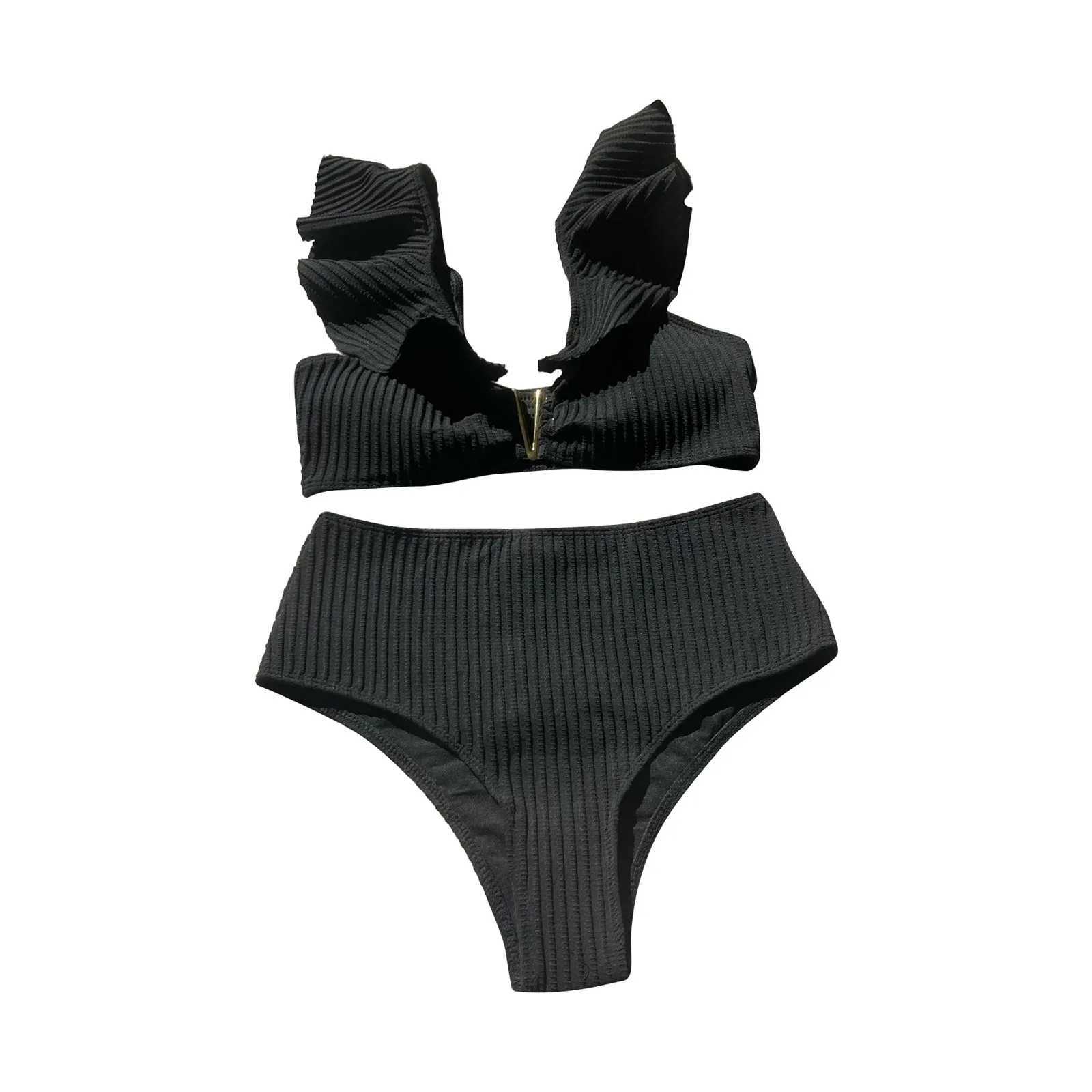 Adult Ruffled Neckline Bikini Sets Womens Swim Shirt Pure Color High Waisted Swimsuit Summer Bikini Ladies Swimwear 2024 TrendW250214